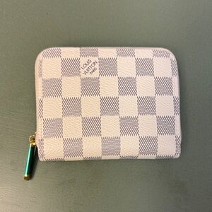 Damier Azur Compact Zip Card Case in White and Turquoise